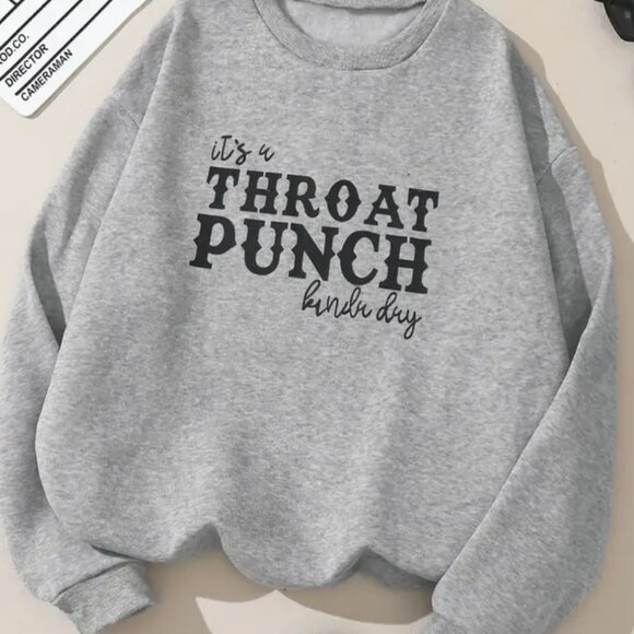 Sweaters - Throat Punch Letter Print Sweatshirt, Casual Crew Neck Long Sleeve Sweatshirt